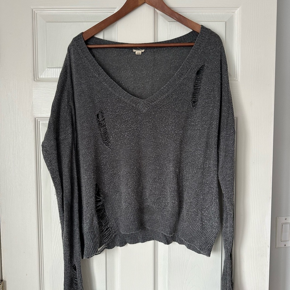 Gray Garage Distressed V-Neck Sweater